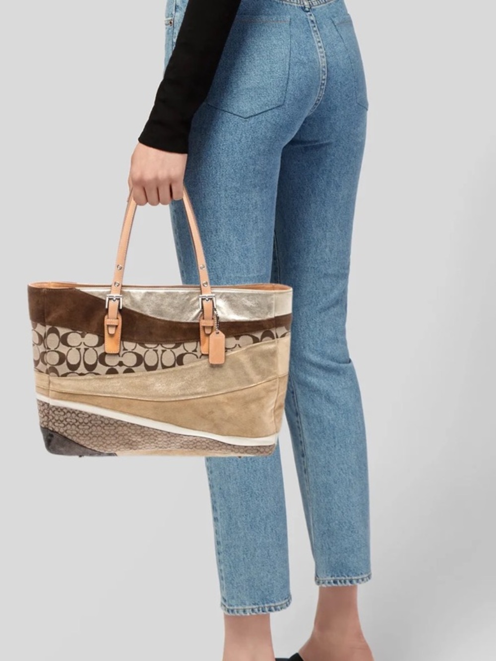 Coach Tote Patchwork Y2K Signature C’s Multi Brown Beige Gold Suede Leather Bag